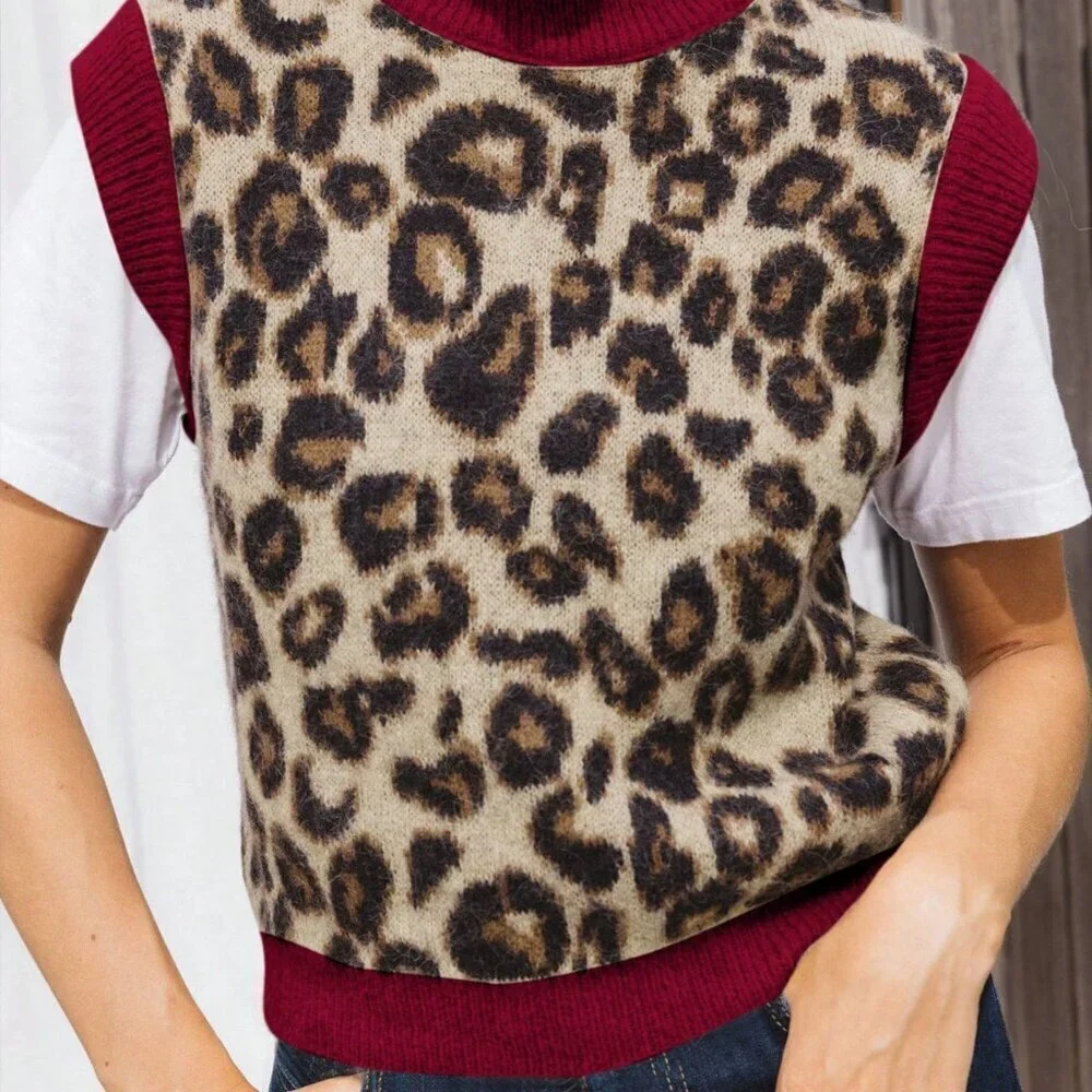 Multicolor Casual Women's Leopard Print Knit Sweater Vest